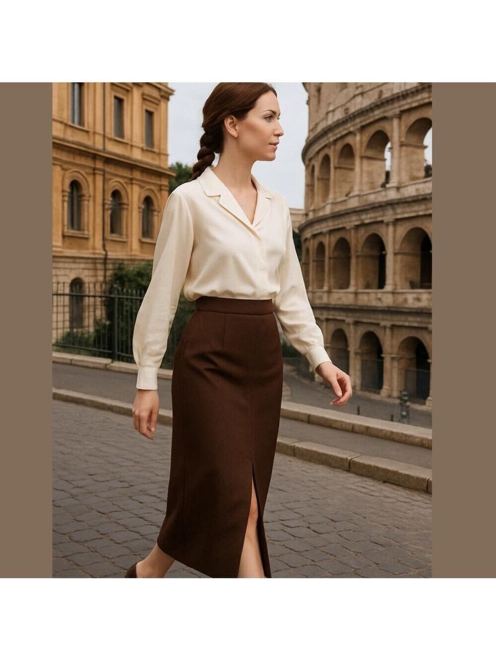 90s CALVIN KLEIN WOOL BROWN PENCIL MIDI COLUMN SKIRT W FRONT PLEAT & SLIT SZ 14